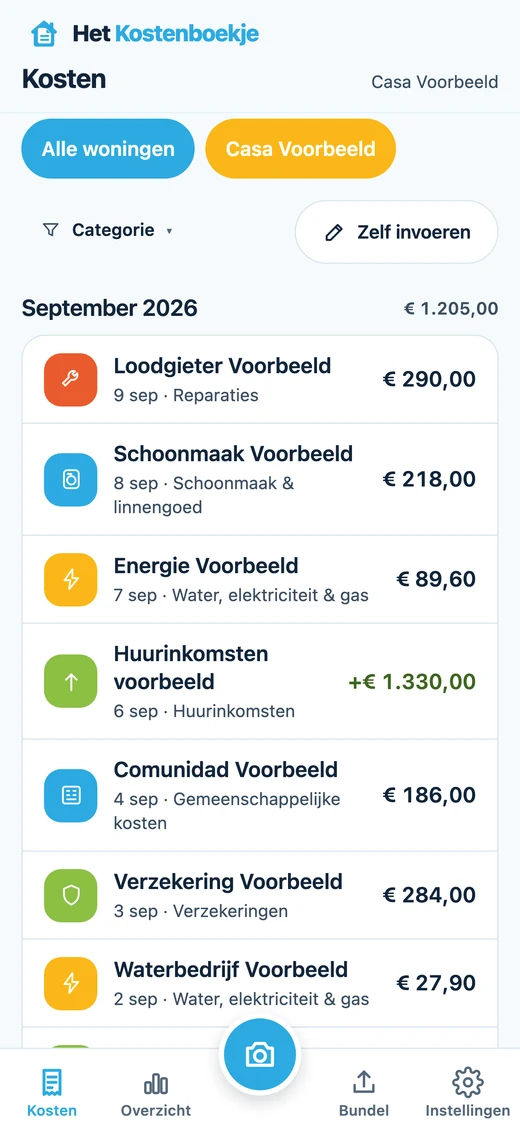 De kostenlijst van september 2026 met voorbeeldposten per categorie, elk met een gekleurd categorie-icoon, en huurinkomsten in het groen.