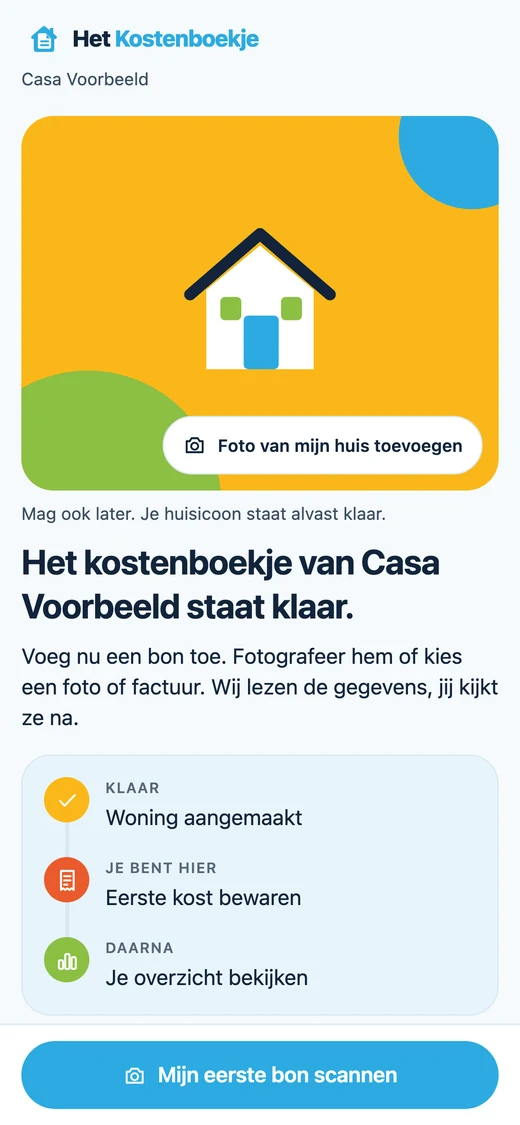 Het scherm na het aanmaken van de woning: Het kostenboekje van Casa Voorbeeld staat klaar, met de stappen woning aangemaakt, eerste kost bewaren en je overzicht bekijken, en de knop Mijn eerste bon scannen.