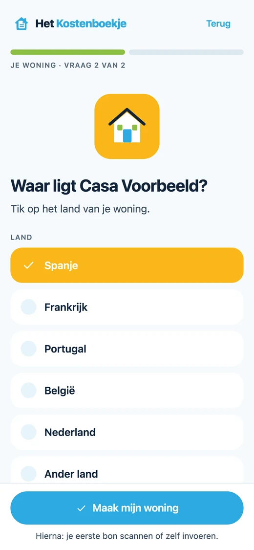 Vraag 2 van 2 in de app: Waar ligt Casa Voorbeeld? Spanje is geselecteerd, met onderaan de knop Maak mijn woning.